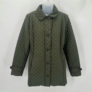 Lands End Quilted Jacket Women’s S TALL 6-8 Green Button Coat Pockets Cabin